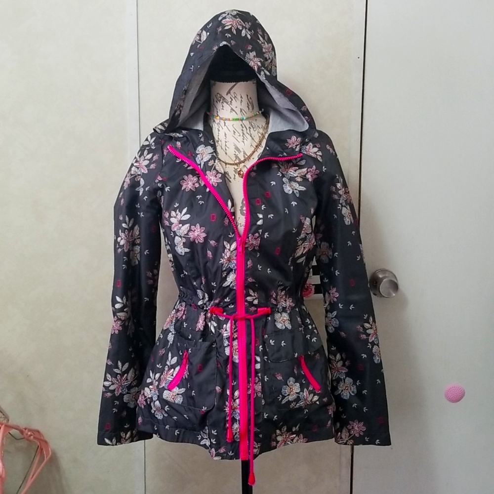 Floral Hooded Rain Jacket with Pink Trim